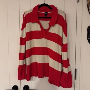 GAP Women's V-Neck Sweater in Red and Cream Stripes
